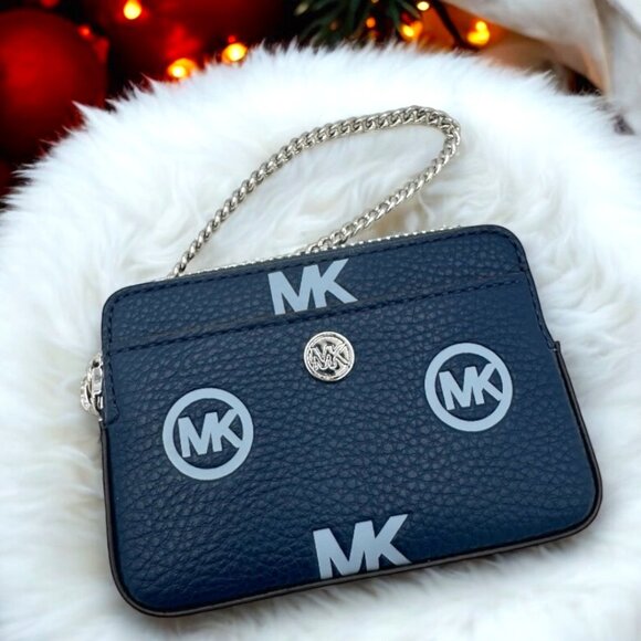 NWT Michael Kors Jet Set Medium Logo Debossed Navy Blue Chain Card Case - Picture 1 of 10
